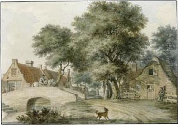 Three Of Village Scenes, One Of Peasants By ASluice Oil Painting by Izaak Schmidt