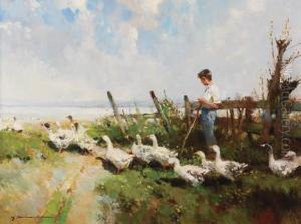 Pastuszek Z Gaskami Oil Painting by Hermann Schmidtmann