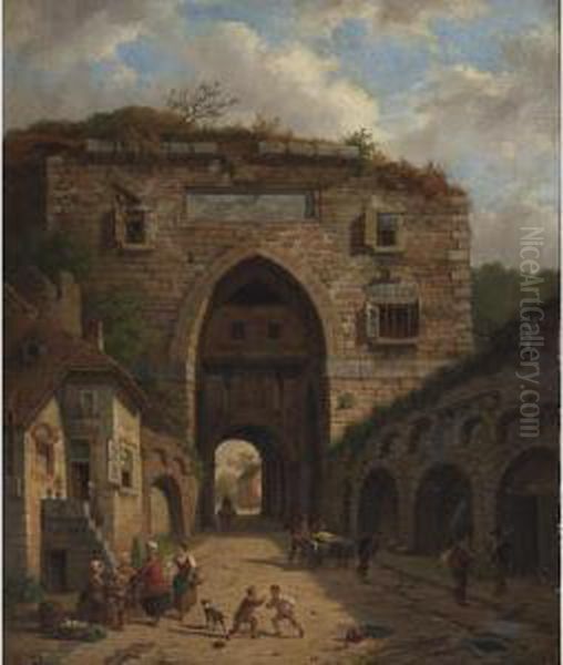 Children Playing In A Market Lane Oil Painting by B. Schmit