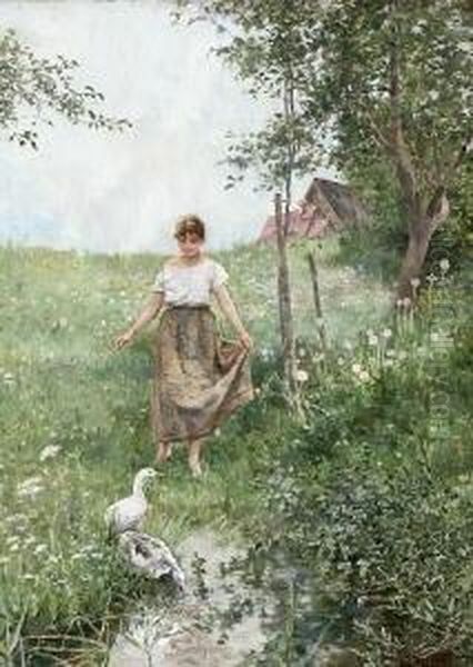 Gansehirtin Mit Gansen Am Tumpel. Oil Painting by Max Schneidt
