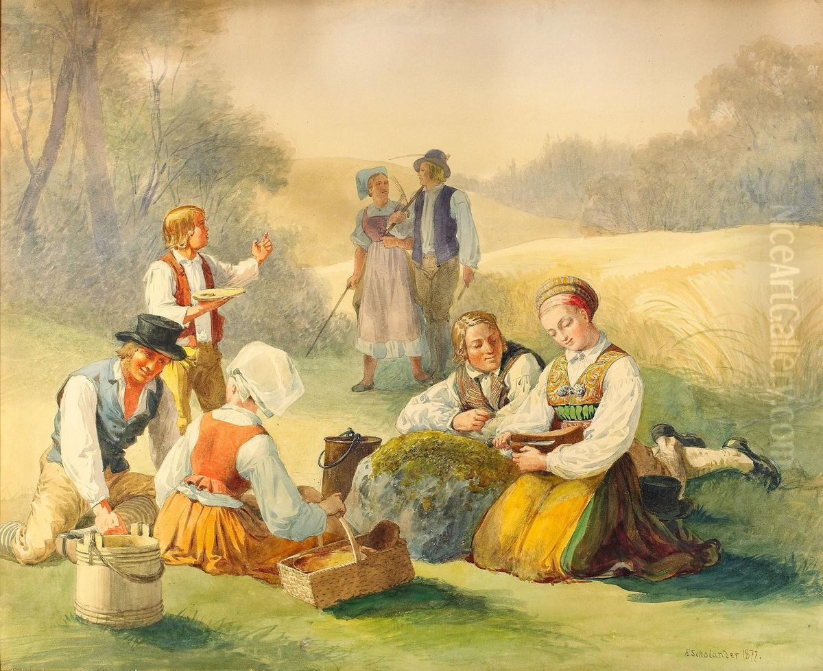 Rastande Skordefolk Oil Painting by Fredrik Wilhelm Scholander