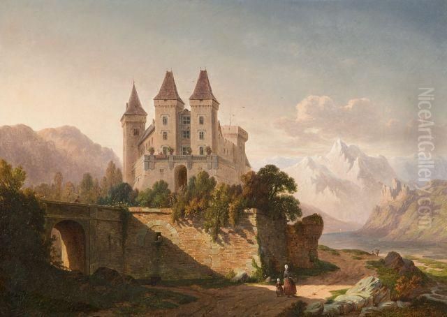 Vue D'un Chateau Au Bord D'un Lac De Montagne Oil Painting by Henri Schoofs