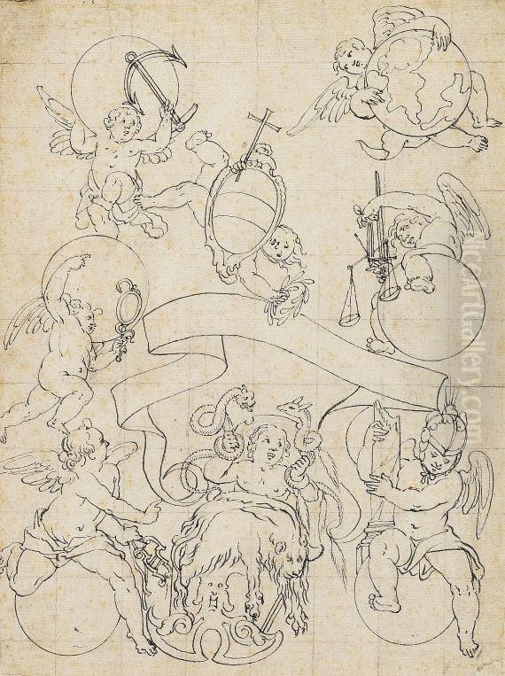 Dekorationsentwurf Mit Allegorischer Darstellung Der Sieben Tugenden Und Herkules In Der Wiege Oil Painting by Giovanni Paolo Schor