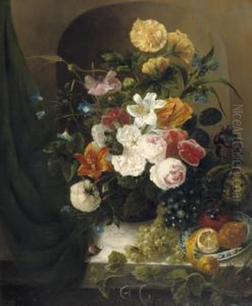 A Colourful Summer Bouquet With Fruit On A Ledge Oil Painting by Christina Petronella Schotel