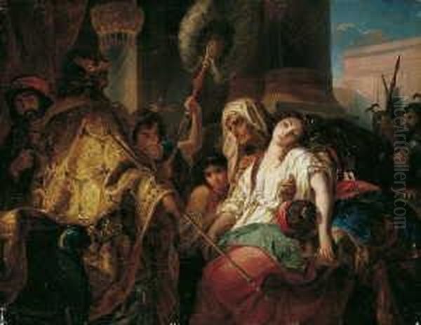 Esther Vor Ahasver. Signiert Und Datiert Unten Links: Julius Schrader 1856. Ol Auf Leinwand. Oil Painting by Julius Friedrich Anton Schrader