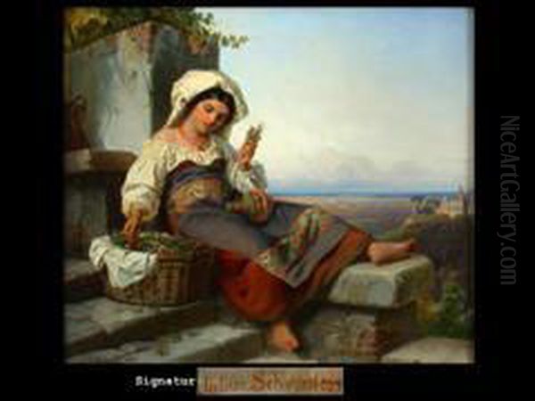 Junge Italienerin Beim Blumen Binden Oil Painting by Julius Friedrich Anton Schrader