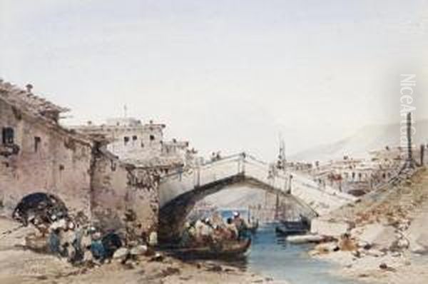 Figures In A Boat By A Bridge Oil Painting by Anton Schranz