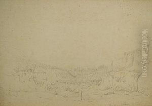 German -- Landscape In The Near East, Possibly Of Tyre, Lebanon, With A Figure Sketching. Woodland And A City With Minarets In The Distance; Pencil, Bears Initials, Inscription And Date, 37x55.3cm Oil Painting by Anton Schranz