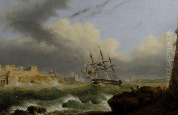 A British Battleship Caught In A Swell In Valletta Harbour, Malta Oil Painting by John or Giovanni Schranz