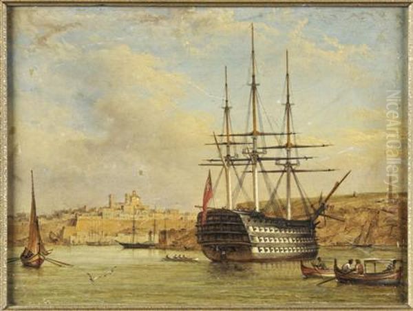 H.m.s Trafalgar At The Entrance To Valetta Harbour Oil Painting by John or Giovanni Schranz