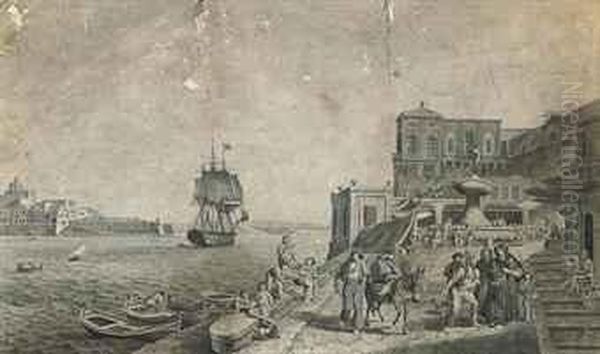 A Busy Day On The Quayside, Valetta, Malta, With A Warship In Theharbour Beyond Oil Painting by Johann Schranz