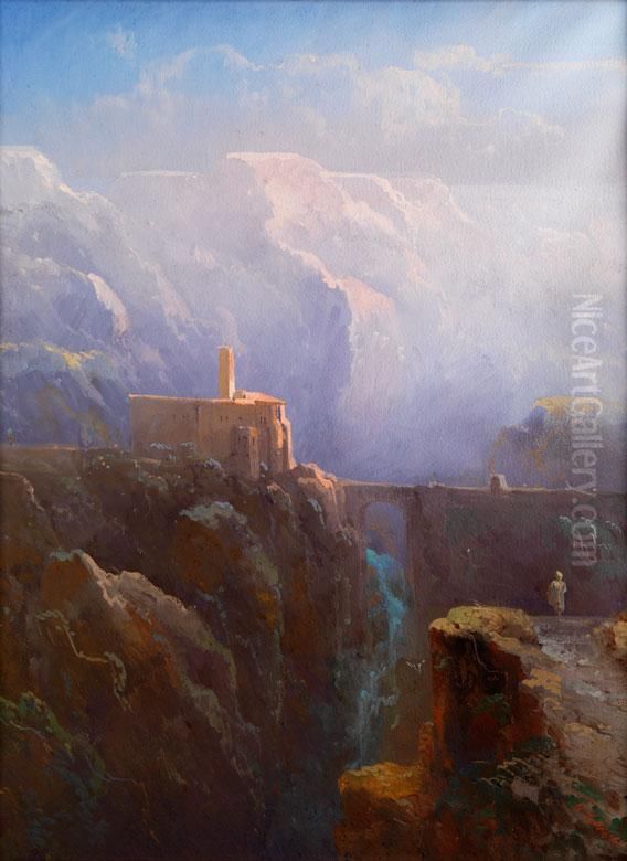 Italienische Felsenlandschaft Mit Gebaude Uber EinerWasserfallschlucht Oil Painting by Peter Conrad Schreiber