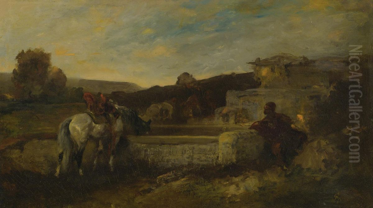 At The Watering Hole Oil Painting by Adolf Schreyer