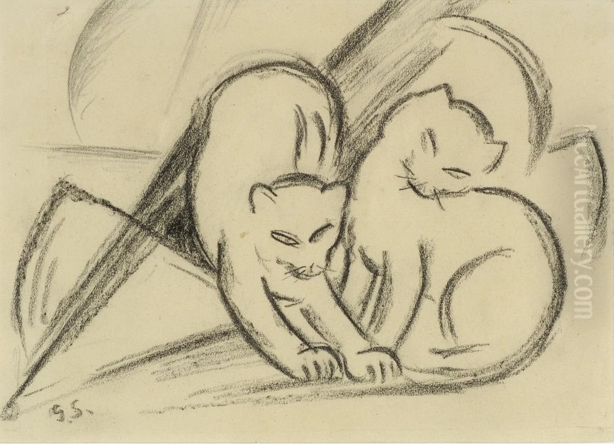 Zwei Spielende Katzen. Oil Painting by Georg Schrimpf