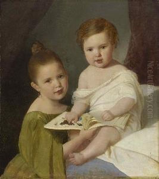 Zwei Kinder Mit Bilderbuch. Oil Painting by Franz Schrotzberg