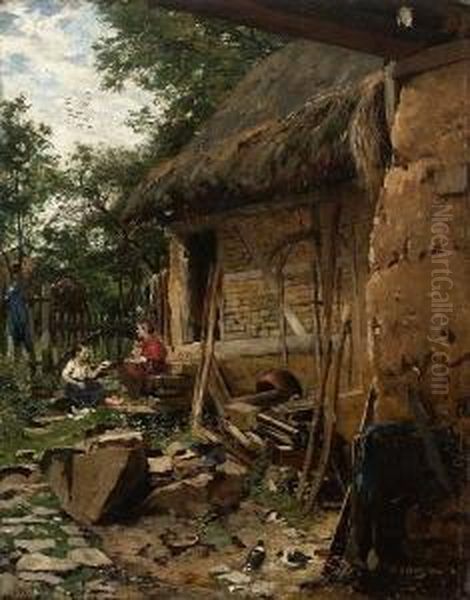 Zwei Madchen Hinter Dem Schuppen. Oil Painting by Oscar Schulz