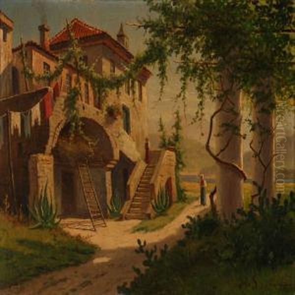 Gaard Ved Pompeie Oil Painting by Harald Peter W. Schumacher