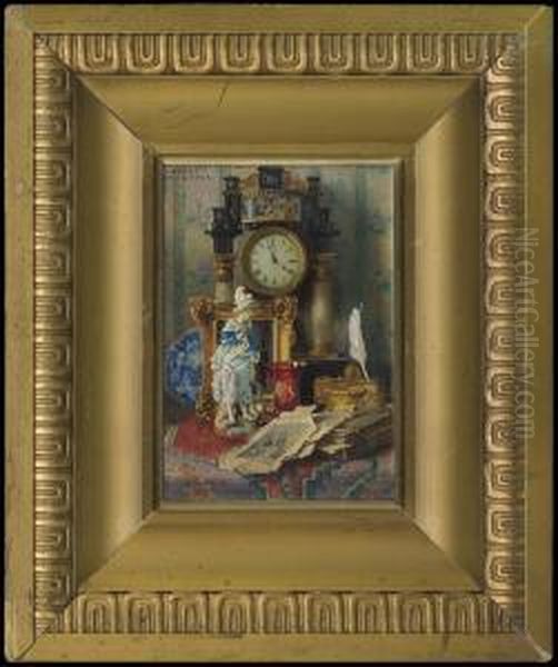 Still Life With A Clock Oil Painting by Josef Schuster