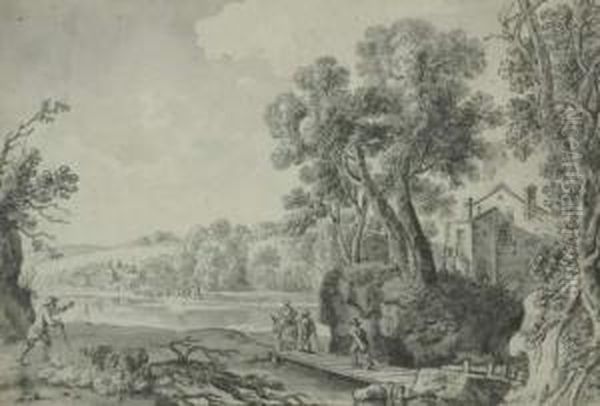 Flusslandschaft Mit Staffagefiguren Oil Painting by Franz Schutz