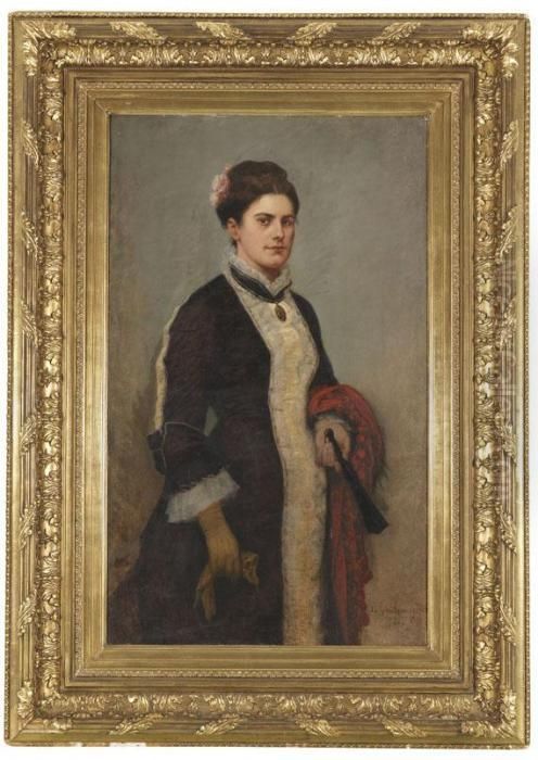 Portrat Einer Eleganten Dame Mit Rotem Tuch Und Facher Oil Painting by Louis Frederic Schutzenberger