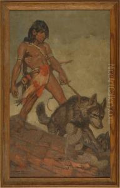 An Indian Boy And Wolf Oil Painting by Remington Schuyler