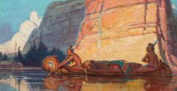 Indians Paddling A Canoe Oil Painting by Remington Schuyler