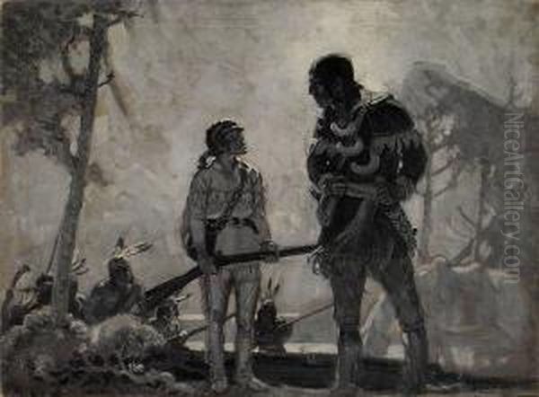 Young Boy Meeting Indian Leader As Braves Look On. Oil Painting by Remington Schuyler