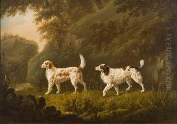 Two Setters In A Landscape Oil Painting by Charles Henry Schwanfelder