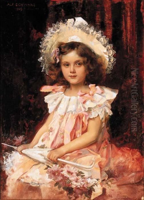 Portrait Of A Young Girl With Parasol Oil Painting by Alfred Schwarz