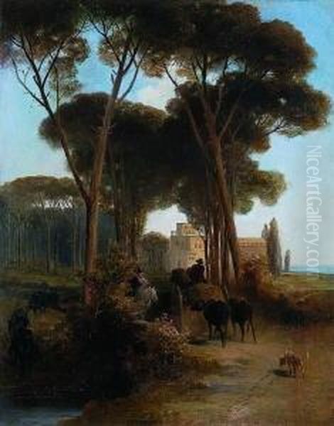 Italienische Villa Vor Einem Pinienwaldchen. Oil Painting by Ernst Schweinfurth