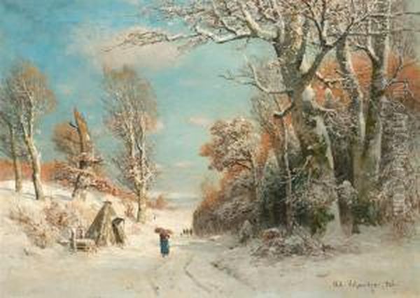 Sammlerin Und Jager In Einer Winterlandschaft. Oil Painting by Adolf Gustav Schweitzer