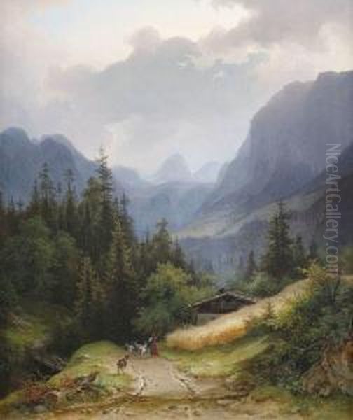 Wolkenverhangene Gebirgslandschaft Mit Alm Oil Painting by Josef Schwemminger