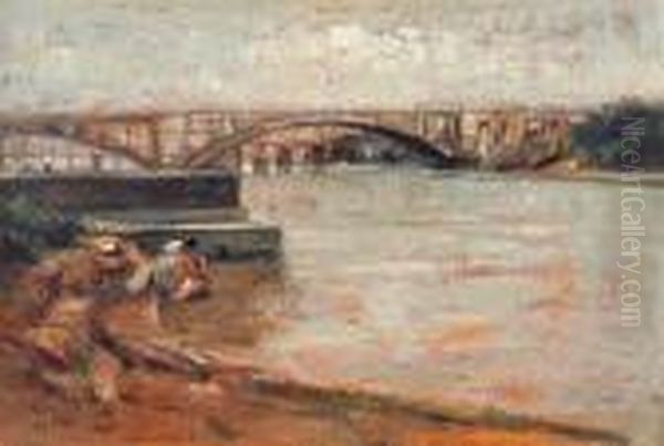 Lavandaie In Riva Al Fiume Oil Painting by Eugenio Scorzelli