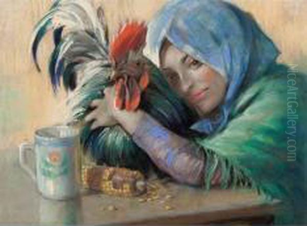 Fanciulla Con Gallo Oil Painting by Eugenio Scorzelli
