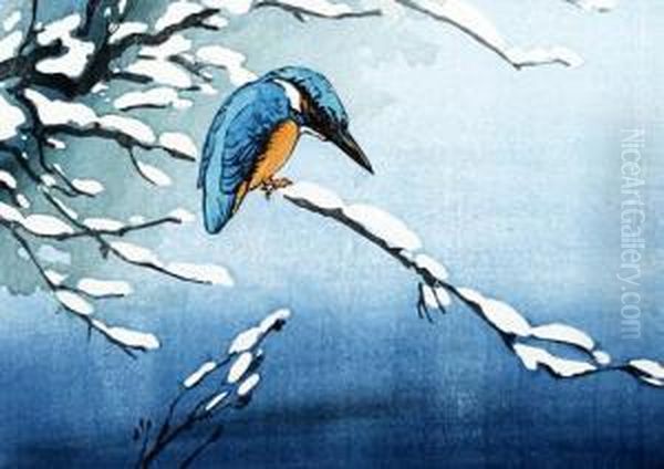 Kingfisher On A Snow Covered Branch Oil Painting by Allen William Seaby