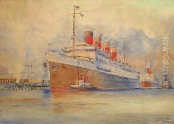 Le Paquebot France A Quai A New York Oil Painting by Albert Sebille