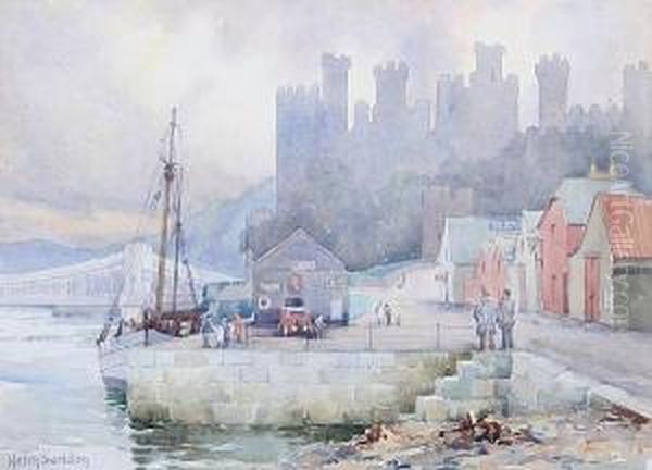 Fishing Jetty At Conway, Before Conwaycastle Oil Painting by Helen Seddon