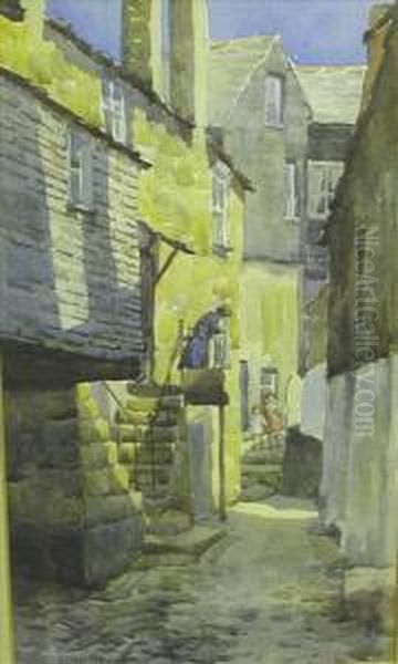 St Ives Street, With Figures Oil Painting by Helen Seddon