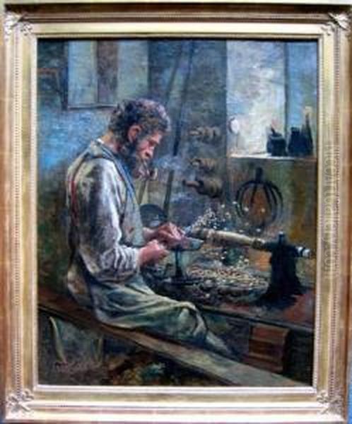 Der Holzdrechsler An Seiner Werkbank Oil Painting by Otto Seeck