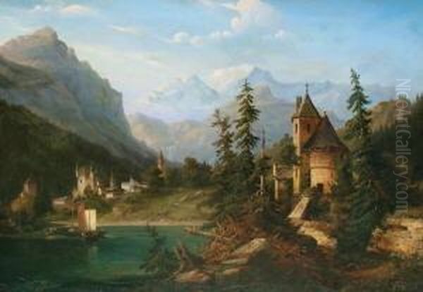 Blick Auf Thun, Schweiz, Rechts Der Alte Pulverturm Oil Painting by Hermann Ludwig Seefisch