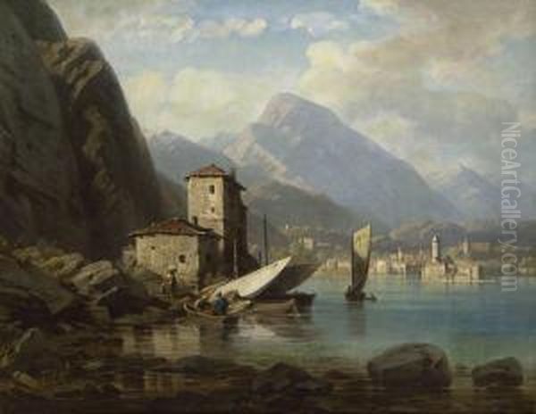 Italienischer Gebirgssee Mit Fischern Oil Painting by August Seidel