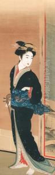 Geisha With Shamisen Oil Painting by Gion Seitoku