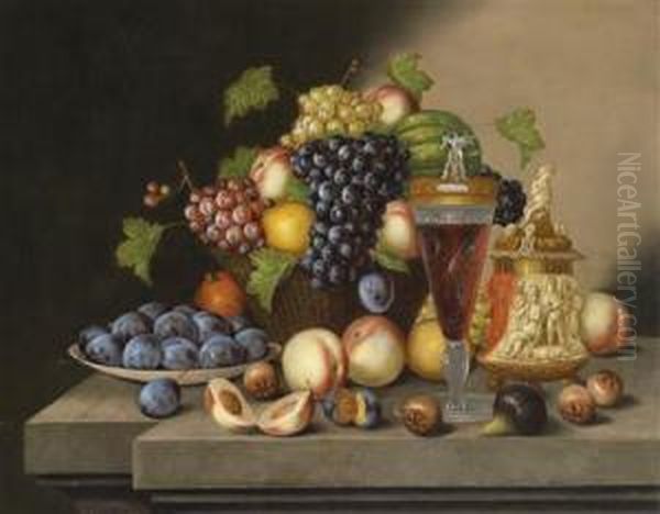 Stilllife With Basket Of Fruit And Wine Goblet Oil Painting by Georg (Johann G.) Seitz