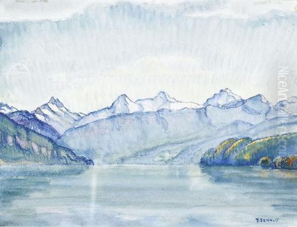 Thunersee Mit Eiger, Monch Und Jungfrau Oil Painting by Traugott Senn