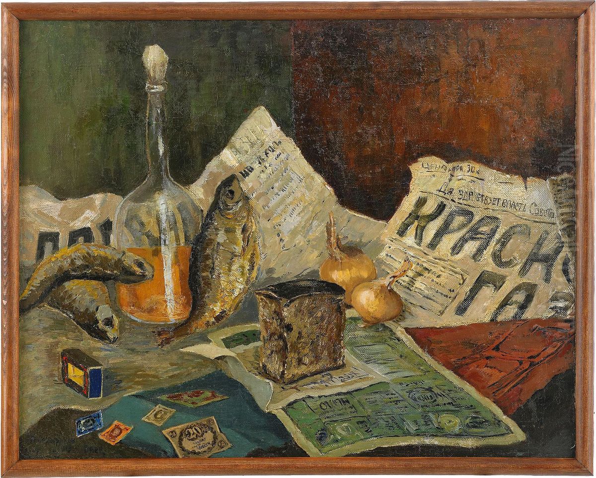 Still Life With Ration Cards Oil Painting by Piotr Esperovich Serebriakoff