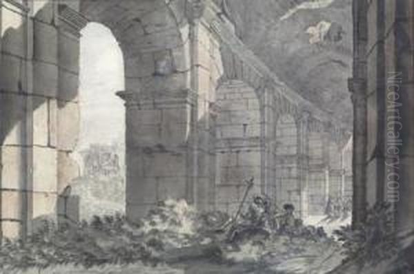 Colonnade Du Colisee Animee Oil Painting by Giovanni Niccolo Servandoni