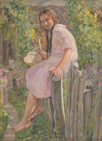 Esterina Seduta Sulla Palizzata (o Giovane Contadina) Oil Painting by Pompilio Seveso