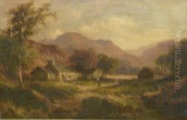 Highland Croft With Figures And Chickens Oil Painting by Thomas, of Pall Mall Butler