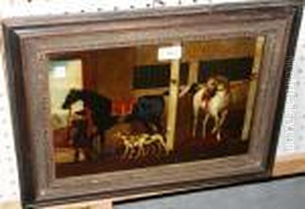 Horses And Hounds In A Stableinterior Oil Painting by Thomas, of Pall Mall Butler