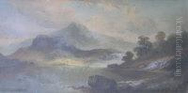 A Sunlit Mountainous Lake Landscape Oil Painting by Thomas, of Pall Mall Butler